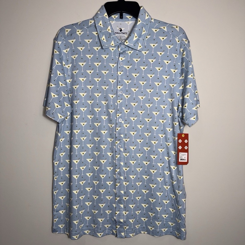 Hallstatt Performance Button Up Shirt‎ Mens Small Blue Olive Martini Geometric